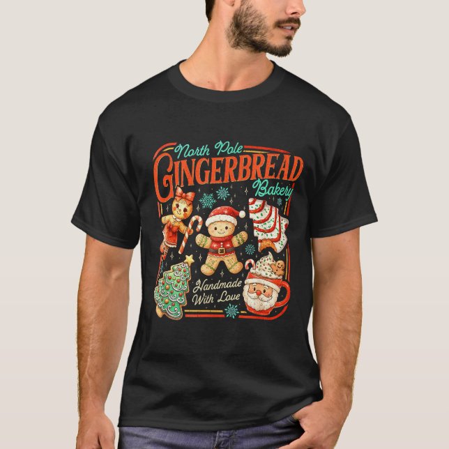 Retro Christmas Gingerbread Bakery North Le Cookie T-Shirt (Front)
