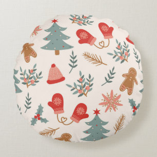 Retro Christmas Gingerbread Pattern. Round Pillow