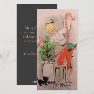 Retro Christmas Girl Trimming Tree Custom Holiday Card