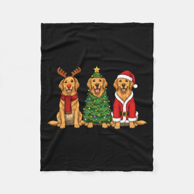 Retro Christmas Golden Retriever Santa Reindeer Do Fleece Blanket (Front)