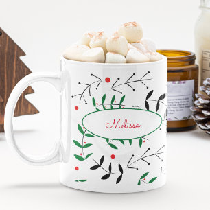 Retro Christmas Greenery Cute Personalized Holiday Coffee Mug