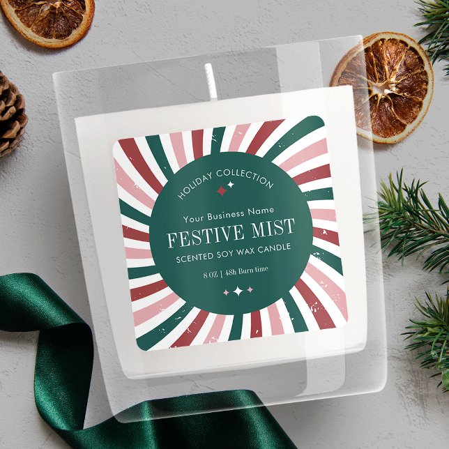 Retro Christmas Holiday Produit Étiquette Rouge &  (Retro Christmas Candle Label Design with groovy red and green background and vintage fonts)