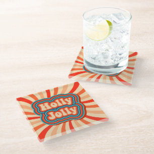 Retro Christmas Holidays Holly Jolly Typography Glass Coaster