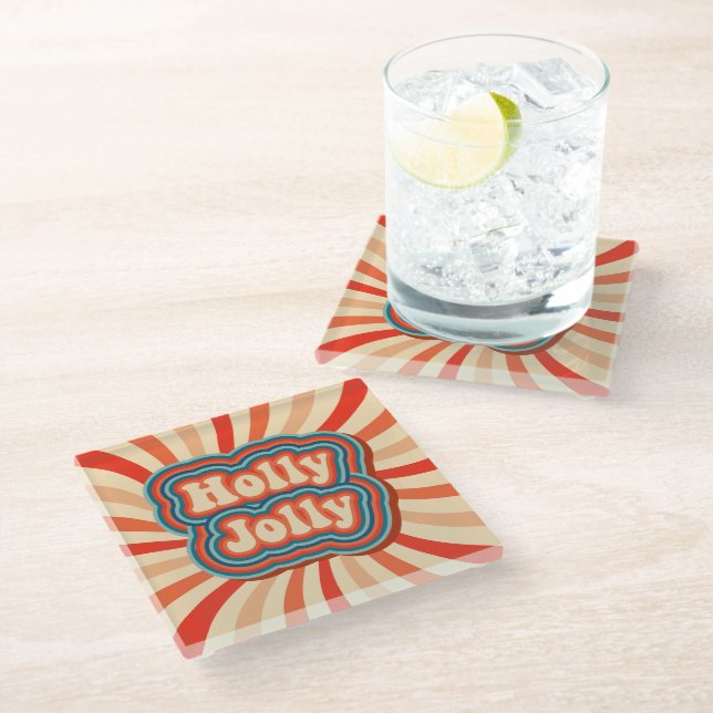 Retro Christmas Holidays Holly Jolly Typography Glass Coaster (Angled)