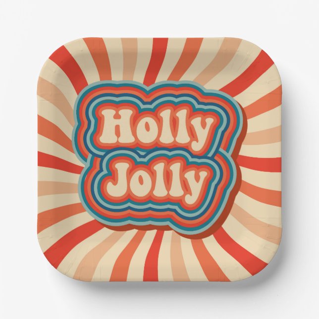 Retro Christmas Holidays Holly Jolly Typography Paper Plate (Front)