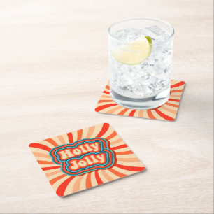 Retro Christmas Holidays Holly Jolly Typography Square Paper Coaster