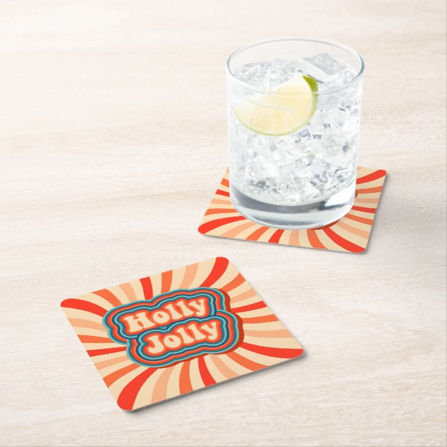 Retro Christmas Holidays Holly Jolly Typography Square Paper Coaster (Insitu)