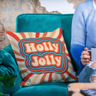 Retro Christmas Holidays Holly Jolly Typography Throw Pillow