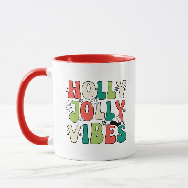Retro Christmas "Holly Jolly Vibes" Quote Coffee Mug (Left)