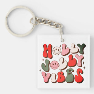 Retro Christmas Holly Jolly Vibes Trendy Holidays Keychain