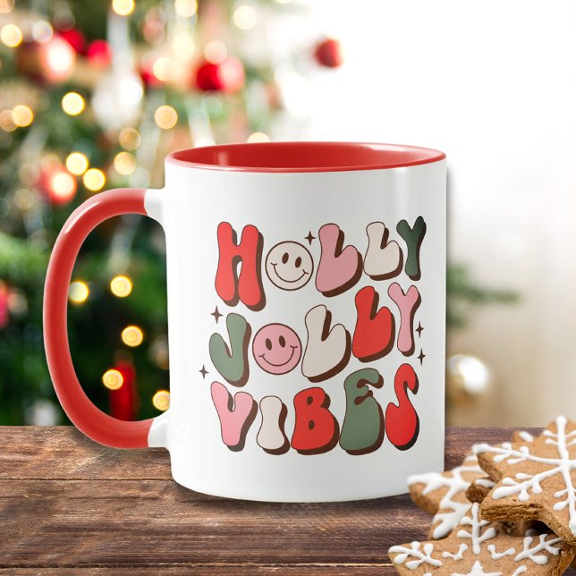 Retro Christmas Holly Jolly Vibes Trendy Holidays Mug (Creator Uploaded)