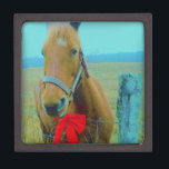retro Christmas Horse Keepsake Box<br><div class="desc">Christmas Horse Christmas Horse Red bow Christmas Horse Stocking Photo by Sandy Closs , " Christmas Horse ", "brown and white horse" , "western christmas" country"horse at christmas""christmas horse", christmas, , xmas horse, horses teal pastel yellow blue red</div>