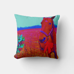 Retro Christmas Horse with Mistletoe and Red bow Throw Pillow