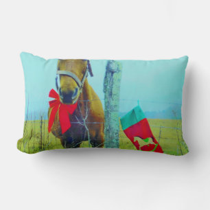Retro Christmas Horse with Stocking and Red bow Lumbar Pillow