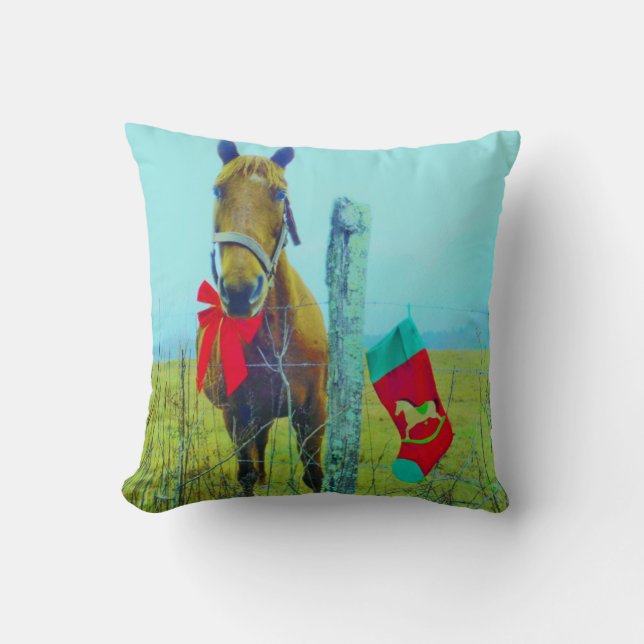 Retro Christmas Horse with Stocking and Red bow Throw Pillow (Front)