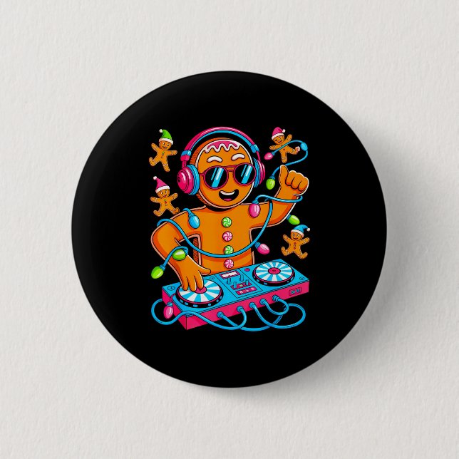 Retro Christmas House Music Gingerbread Dj Techno  2 Inch Round Button (Front)