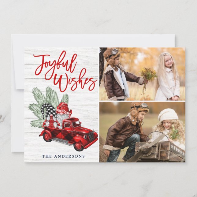 Retro Christmas Joyful Wishes Red Truck 2 PHOTO Holiday Card (Front)