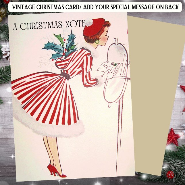 Retro Christmas Lady in Red with Holiday Card (Creator Uploaded)
