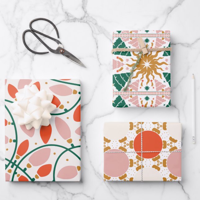 Retro Christmas Lights Tree Ornaments Holiday Wrapping Paper Sheet (Front)