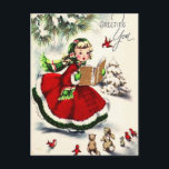 Retro Christmas Little Girl Singing Bunnies Postcard<br><div class="desc">Vintage,  1940's,  or 50's era Christmas card with an adorable little girl in her finest Christmas dress and scarf. A bunny,  squirrel and red birds listen to her sing Christmas Carols.</div>