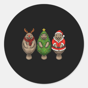 Retro Christmas Manatee Santa Reindeer Classic Round Sticker