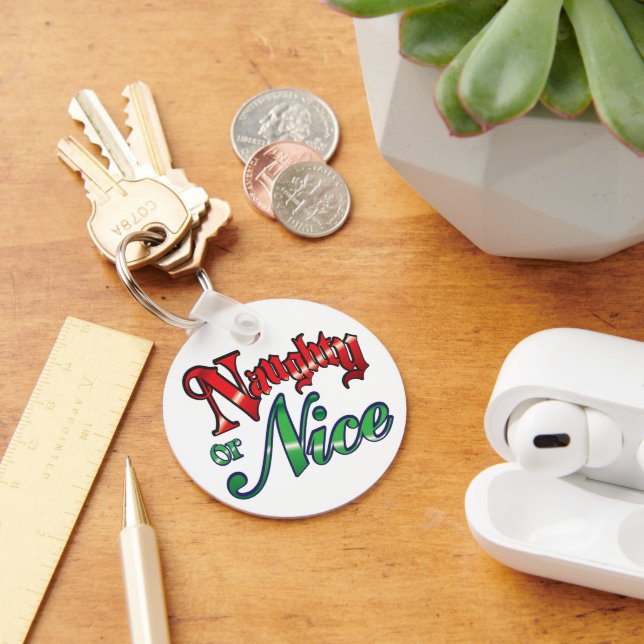 Retro Christmas, Naughty or Nice Red Green Letters Keychain (Desk)
