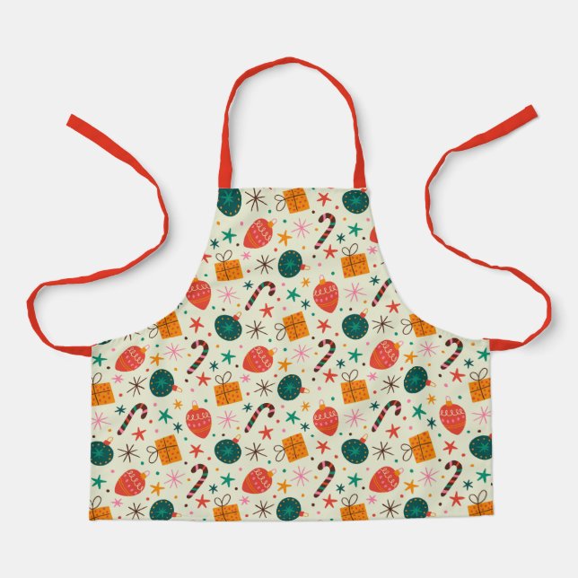 Retro Christmas Ornament and Gift Pattern Apron (Front)