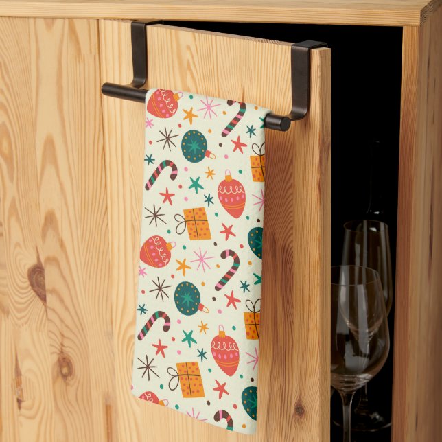 Retro Christmas Ornament and Gift Pattern Kitchen Towel (Thirds Fold)