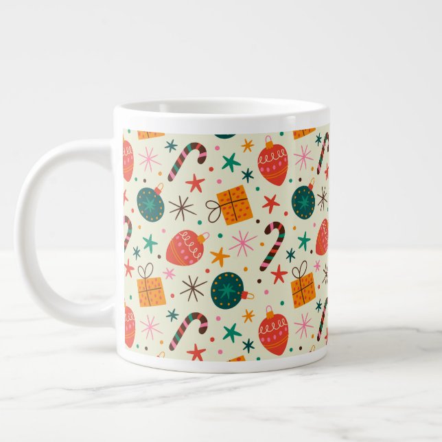 Retro Christmas Ornament and Gift Pattern Large Coffee Mug (Left)