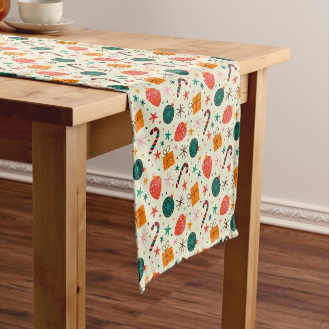 Retro Christmas Ornament and Gift Pattern Short Table Runner (In Situ)