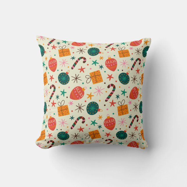 Retro Christmas Ornament and Gift Pattern Throw Pillow (Front)