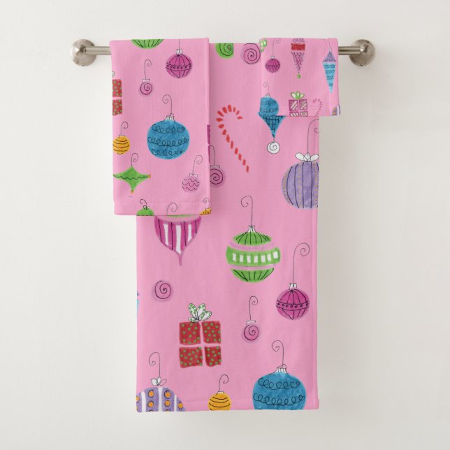 Retro Christmas Ornament Pattern Hand Drawn Bath Towel Set (Insitu)