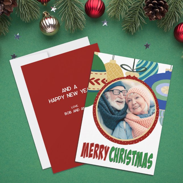 Retro Christmas Ornament Photo Template Flat Card (Creator Uploaded)