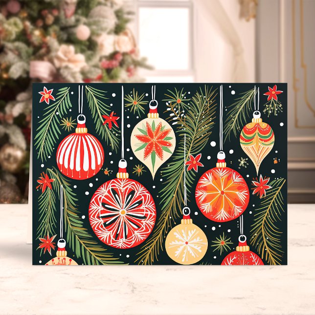 Retro Christmas Ornaments and Pine Branches Holiday Card (Creator Uploaded)