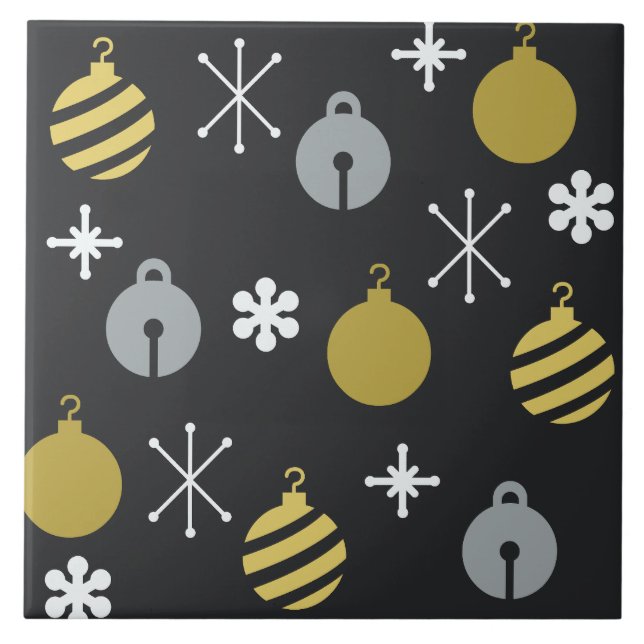 Retro Christmas Ornaments Black Gold Tile (Front)