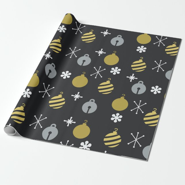 Retro Christmas Ornaments Black Gold Wrapping Paper (Unrolled)