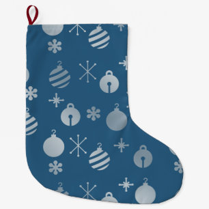 Retro Christmas Ornaments Blue Silver Large Christmas Stocking
