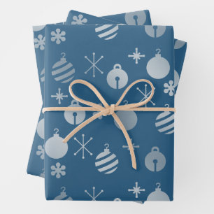 Retro Christmas Ornaments Blue Silver Wrapping Paper Sheet