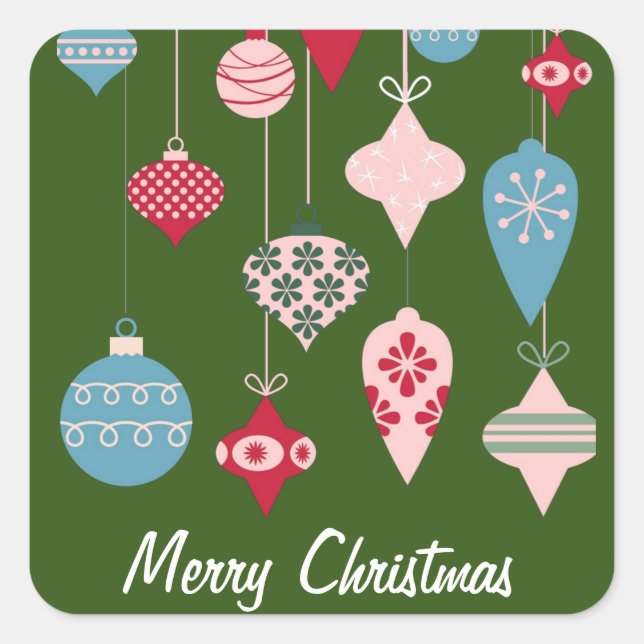 Retro Christmas Ornaments Merry Christmas Dk Green Square Sticker (Front)