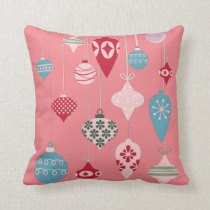 Retro Christmas Ornaments on Pink Throw Pillow