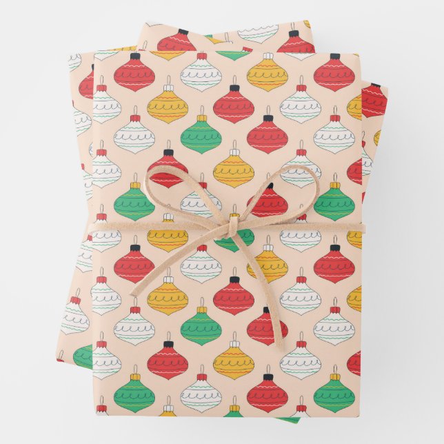 Retro Christmas Ornaments Pattern Wrapping Paper Sheet (In situ)