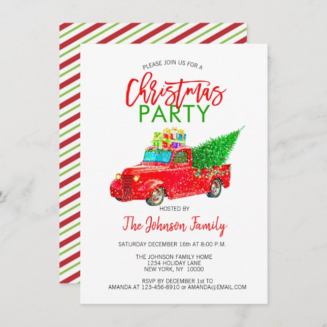 Retro Christmas Party Pick-up Truck Tree Red Green Invitation (Front/Back)
