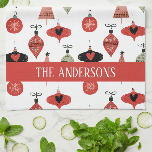 Retro Christmas Pattern Custom Family Name Kitchen Towel (Folded)