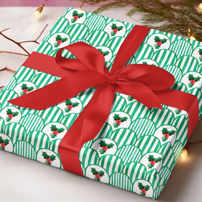 Retro Christmas Pattern Geometric Watercolor Holly Wrapping Paper (Creator Uploaded)