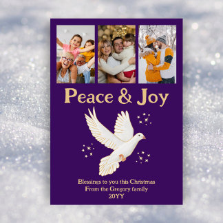 Retro Christmas Peace Joy Dove Purple Gold Photo Holiday Card