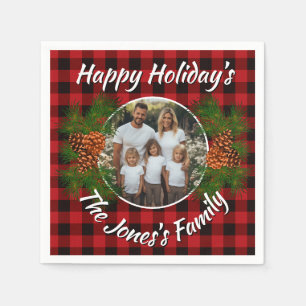 Retro Christmas personalized red plaid pinecones Napkin
