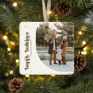 Retro Christmas Photo Family Name Holiday Ceramic Ornament