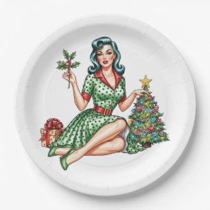 Retro Christmas Pin-Up Paper Plate