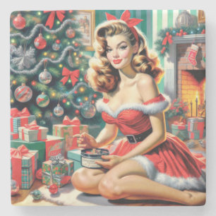 Retro Christmas Pin Up Stone Coaster