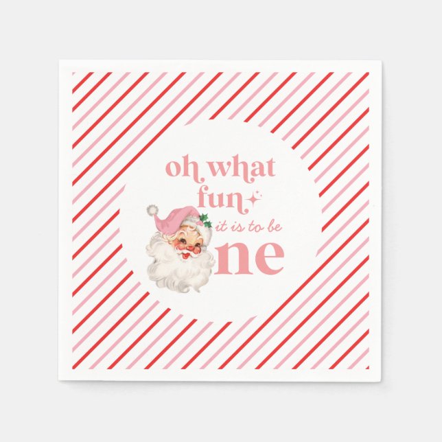Retro Christmas pink Santa First Birthday Napkin (Front)